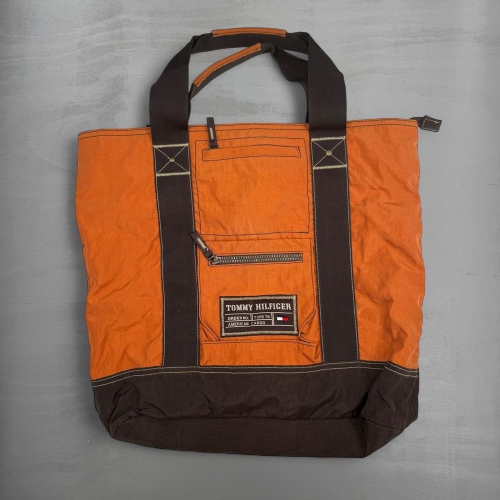 Y2K Tommy Hilfiger Tote Bag Orange Brown American Cargo Nylon Large
